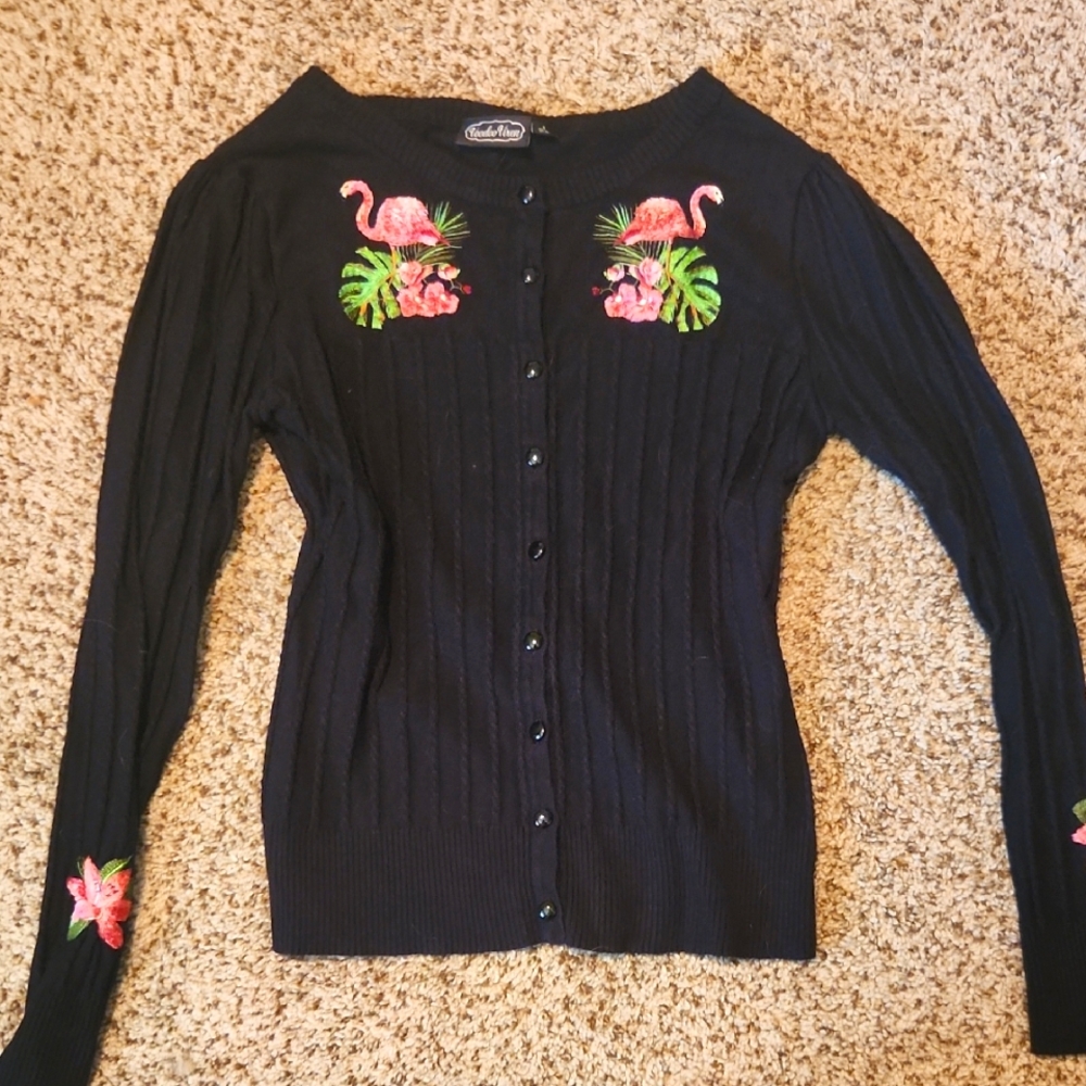 Collectif Black Cardigan with Flamingo Embroidery